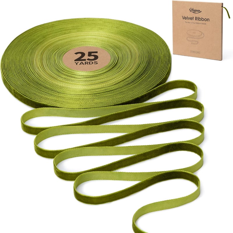 Keypan Green Velvet Ribbon for Christmas Tree 3/8 Inch Handmade Vintage Thin Ribbons for Wrapping Gift Wreath Decoration Ornaments Bow Making Home Decor, 25 Yd - Image 1